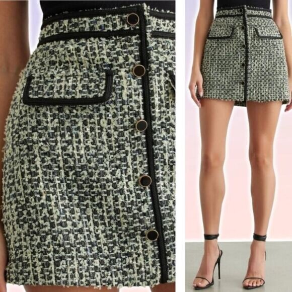 NWT DYNAMITE Tweed A-Line Mini Skirt Sz XS Green / Black - Picture 1 of 7